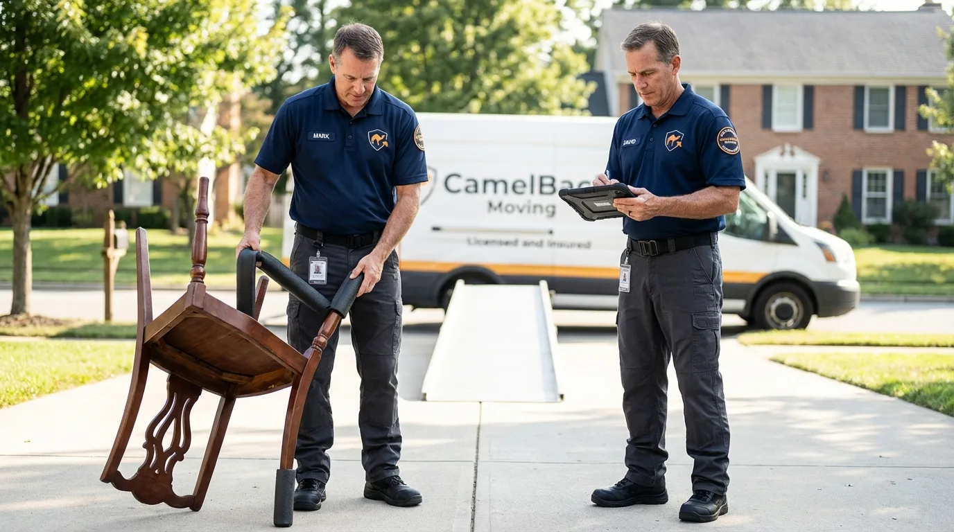 Movers inspecting furniture for damage prevention before loading in Burgettstown, PA