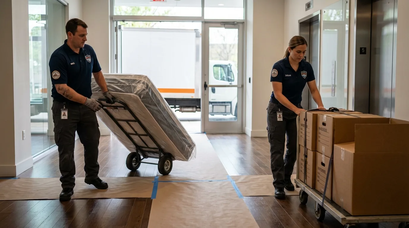 Professional apartment movers loading elevator in Burgettstown, PA
