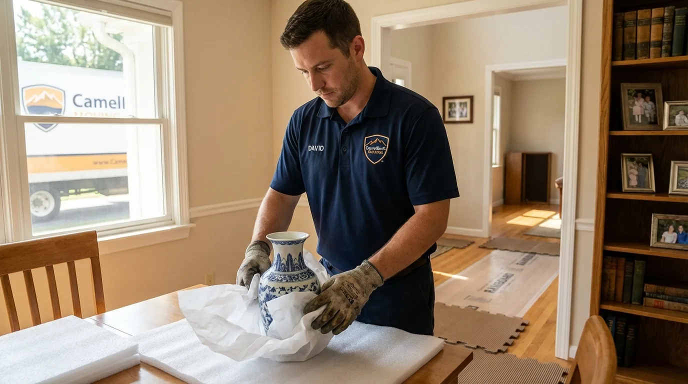 Professional crew carefully wrapping antique vase for senior downsizing move in Burgettstown, PA